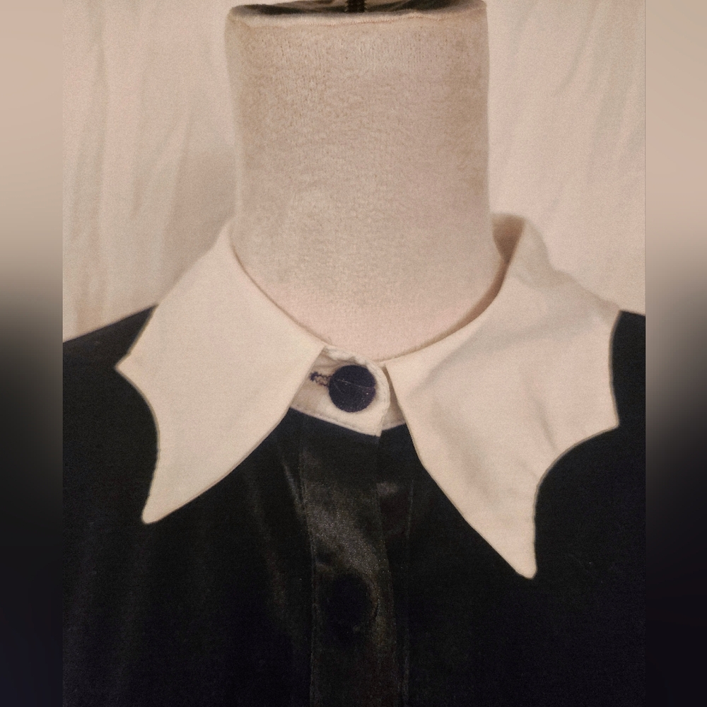 "Wednesday" Black Velvet-Type Dress with White Accents - Picture 2 of 4